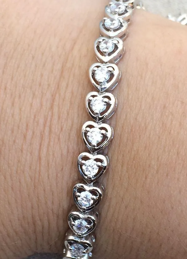 Rhodium Plated Heart Link CZ Tennis Bracelet - Image 2