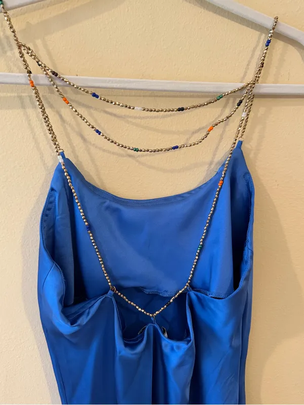 Satin Cobalt Blue Maxi Slip Dress with Chain Straps - Image 6