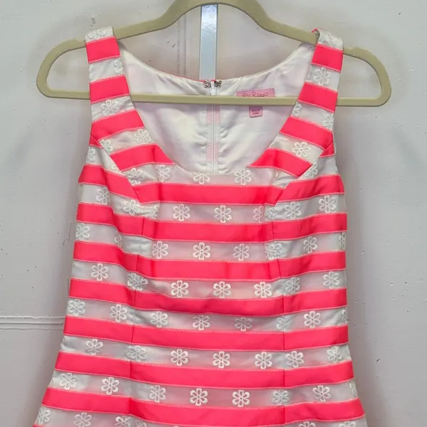 Lilly Pulitzer Joslin Fiesta Bright Pink White Floral Striped Joslin Dress Sz 4 - Image 3