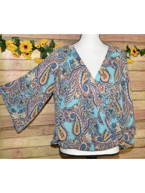 Veronica M. Ladies Paisley Faux Wrap V-Neck Blouse Top Size L Boho Colorful - Image 4