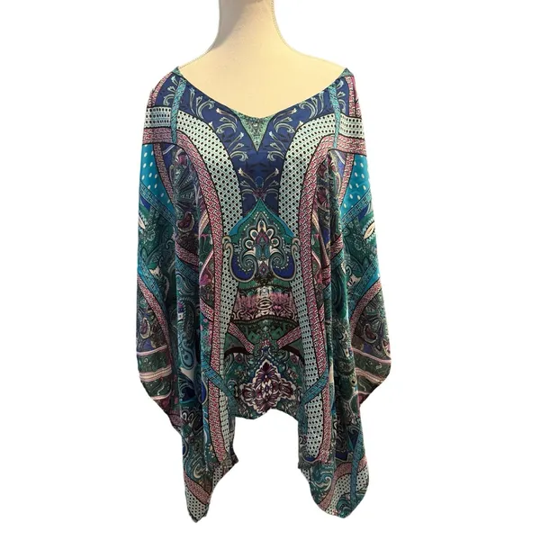 Chicos Paisley Pullover Kimono NWOT Boho Resort Wear Silky Poncho Tunic Top L XL - Image 2