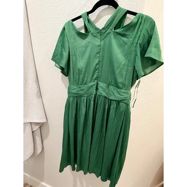 Anthropologie Green Pleated Mini Dress Cold Shoulder V-Neck Size 8 NWT - Image 5