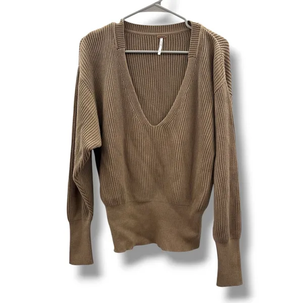 Free People Allure‎ Sweater Small Brown Oversized Deep V Neck Ribbed Knit Boho - Image 4