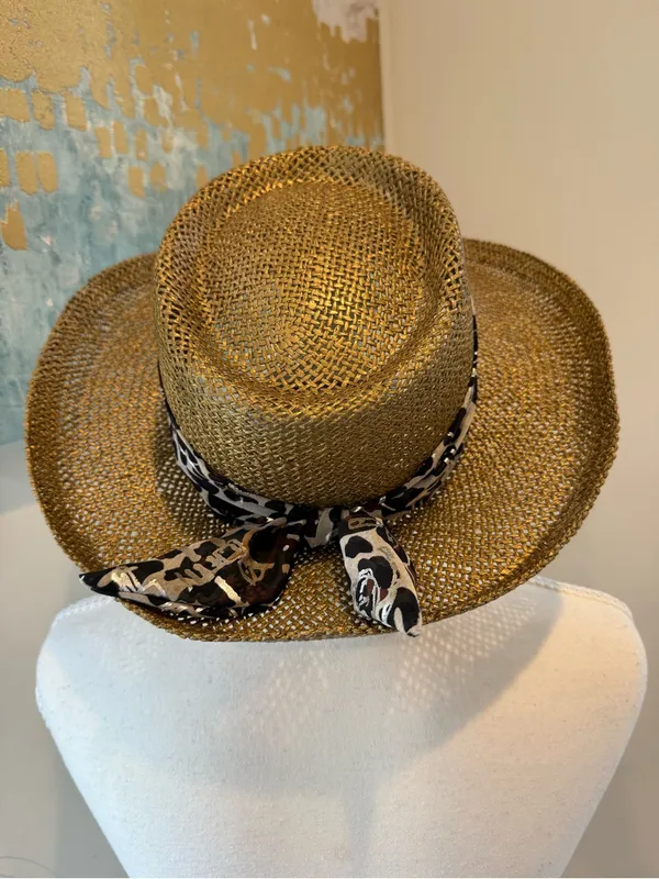 Source Unknown Straw Wide Brim Hat with Leopard Band - Brown - Image 7