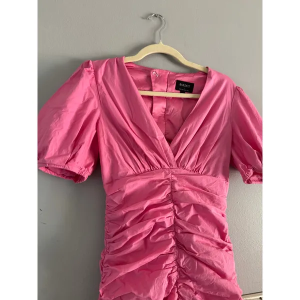 Bardot Pink Ruched Mini Dress Size 4 Bubble Retro Flirty Feminine - Image 4