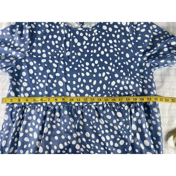 Blue White Polka Dot Tiered Midi Dress Puff Sleeve Boho No Size Tag Fits XL/2XL) - Image 3