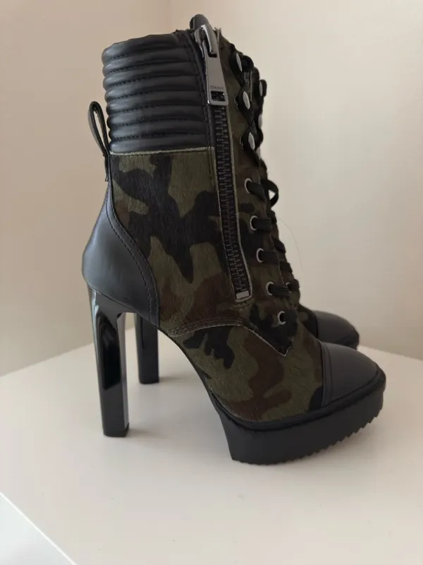 DKNY New Steffi Calf Hair Leather Combat Camo Lace-up Stiletto Bootie 6.5 - Image 14