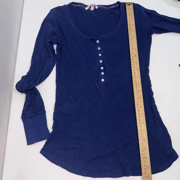 Vintage Victoria's Secret Henley‎ Ribbed Y2K Navy Thermal Long Sleeve Shirt XS - Image 6