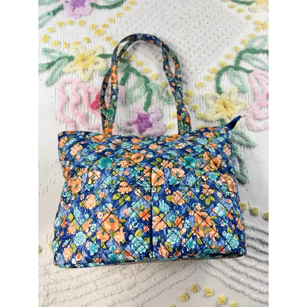 Blue‎ Floral Quilted Cotton Tote Bag Zippered Shoulder Bag with Pockets - Image 2