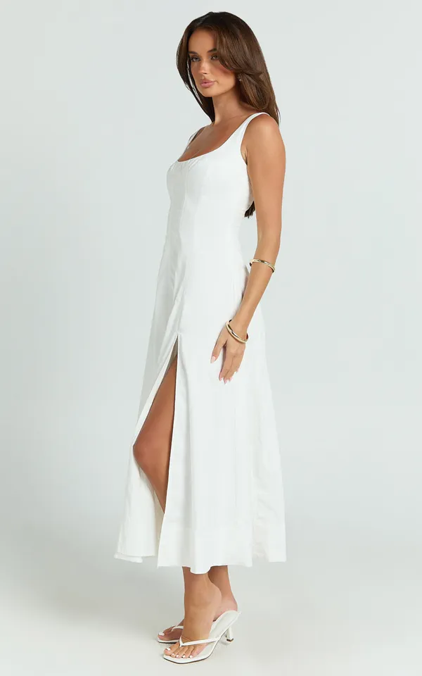 New Showpo Kristi Midi Dress Scoop Neck Fit And Flare Dress In Off White Size M - Image 2