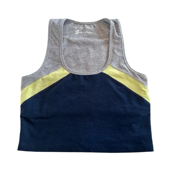 Beyond‎ Yoga Peloton Womens Medium Colorblock Crop Tank Top Navy Gray Neon Logo - Image 3