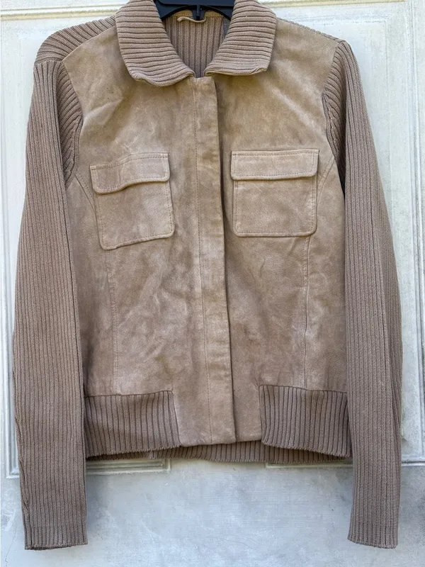 Kate Hill Taupe Suede & Knit Bomber Jacket - Image 5