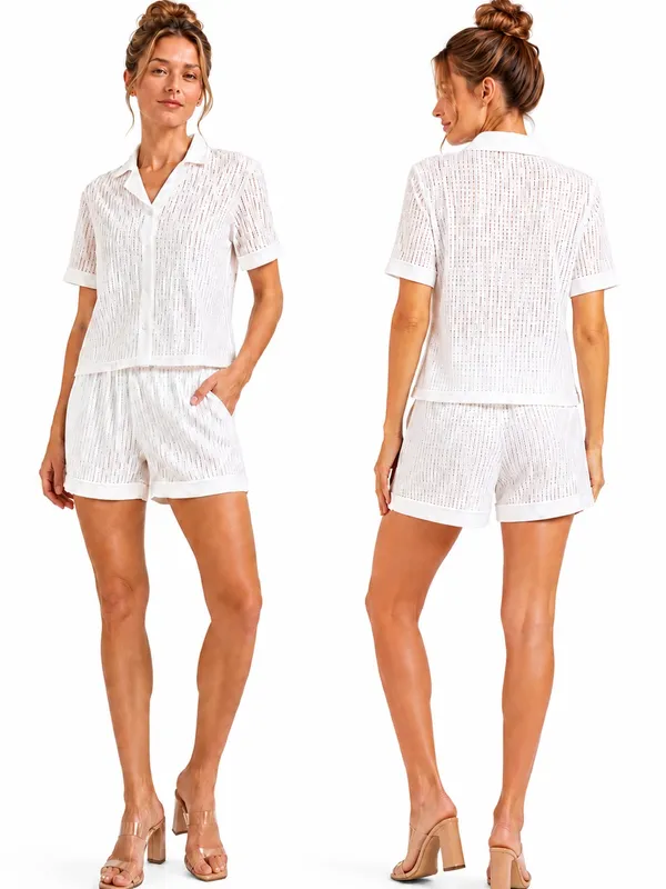 Rivir White Eyelet Button Front Top & Shorts Set large - Image 2
