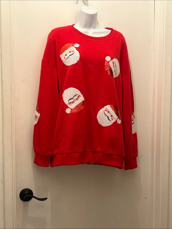 Women’s Christmas Red Santa Sequin Crewneck Sweater size XL new - Image 2