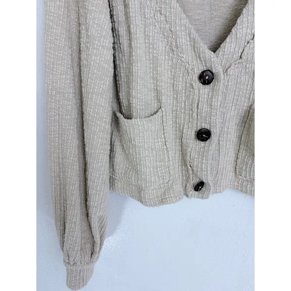 Free People Beach Cardigan Beige Textured Knit Balloon Sleeve Size S - Image 2