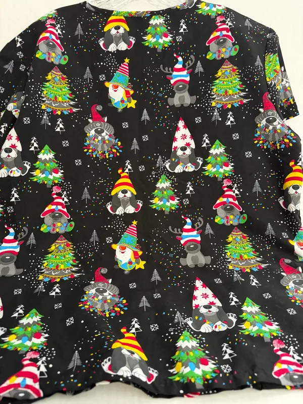 Serene Black Christmas Dog & Gnome Print V-Neck Scrub Top - Image 4
