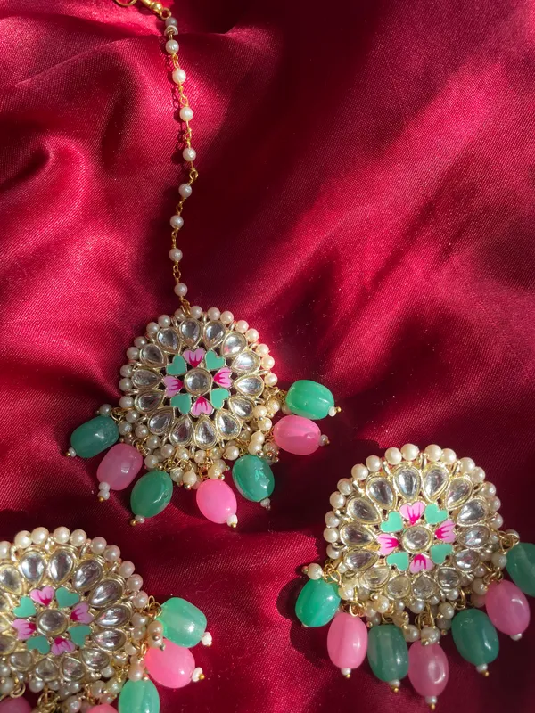 Pink and Turquoise Earrings with Tikka - Image 6