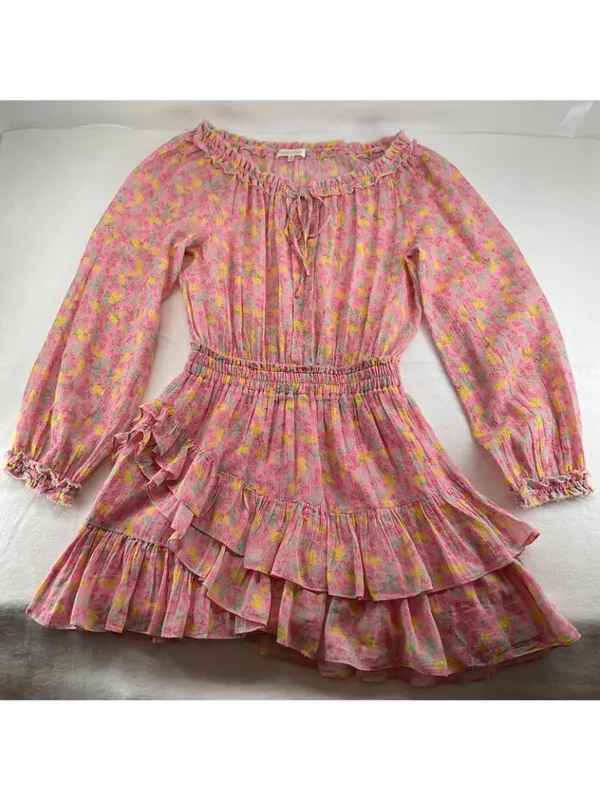 LoveShackFancy Pink yellow Floral Rayna Cotton Mini Dress size S Ruffled Layers - Image 2