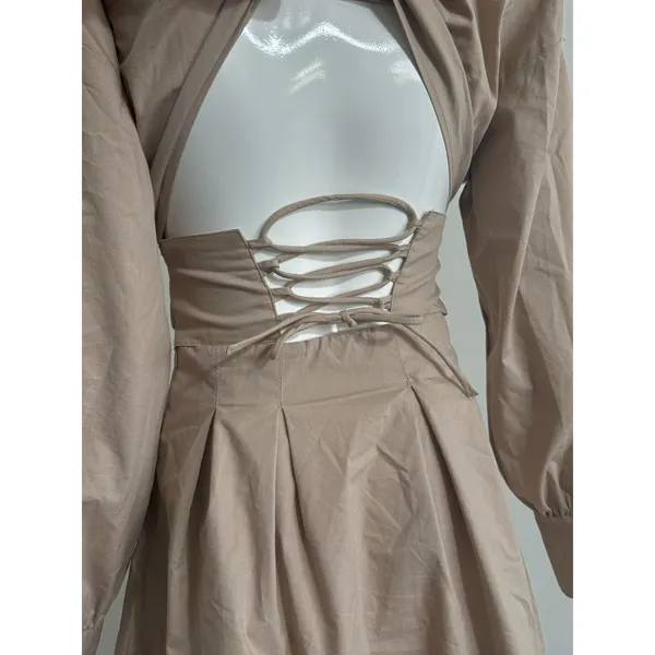 Bershka Tan Corset Mini Dress Women’s S Long Sleeve Open Back Lace-Up - Image 7
