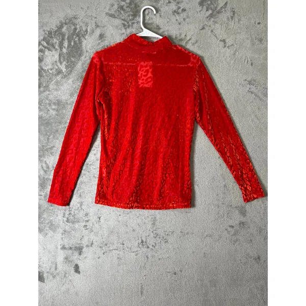 Ranch Dress’n Mock Neck Layering Shirt Red Orange Floral Burnout Small New - Image 3