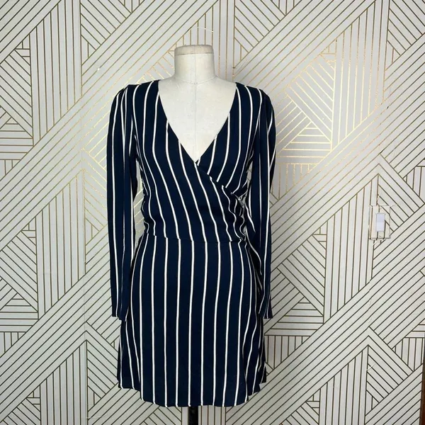 Reformation Zircon Wrap Mini Dress Navy Blue Capone Stripes Size‎ US 0 - Image 4