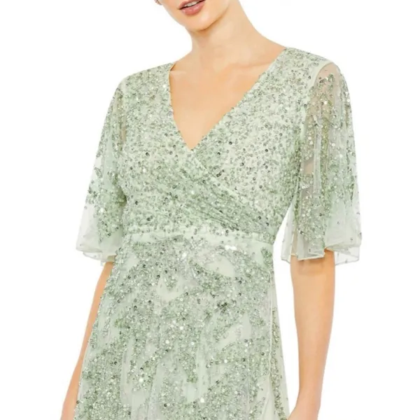 NWT Mac Duggal‎ 93681 Sage Green Sequined Butterfly Sleeve High Low GownSize 12 - Image 2