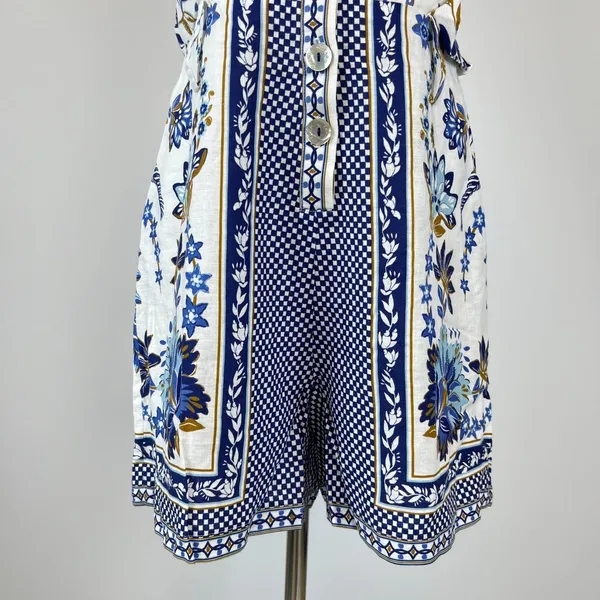 NWOT Farm Rio Linen Blend Floral Print Romper Blue Size L - Image 8