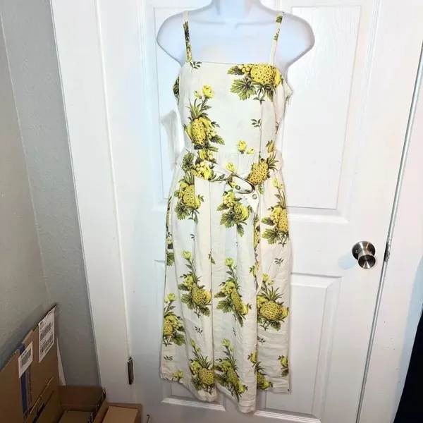 TAHARI Linen Blend Vintage Pineapple Strapless Midi Dress Cream Yellow 8 NWT - Image 3
