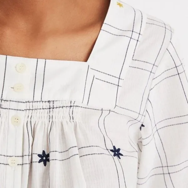 Madewell Embroidered Windowpane Square-Neck Button-Down Top‎ White White Wash XS - Image 4