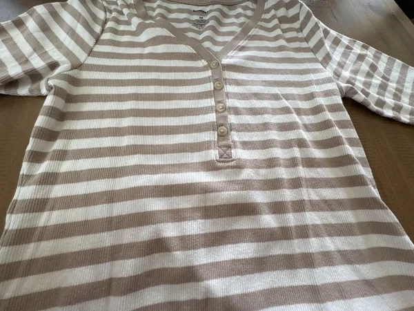 Sonoma Goods For Life Slim Fit Elbow Sleeve Ribbed Henley Top in Tan Stripe - Image 2