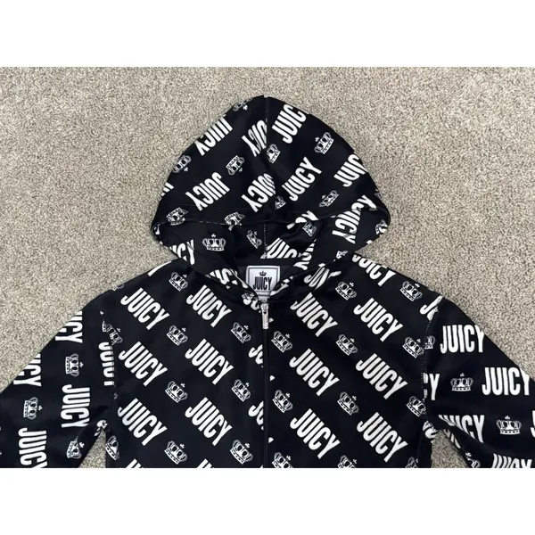 Y2K JUICY COUTURE Velvet Logo Print Hooded Jumpsuit Black Velour Vintage Glam XS - Image 3