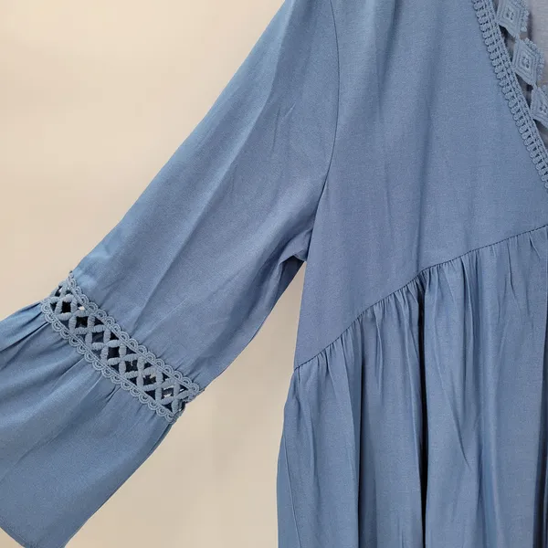 Boho Dress XL Blue Lace Crochet Trim Flowy Midi Casual Party Tiered Ruffle Rodeo - Image 7