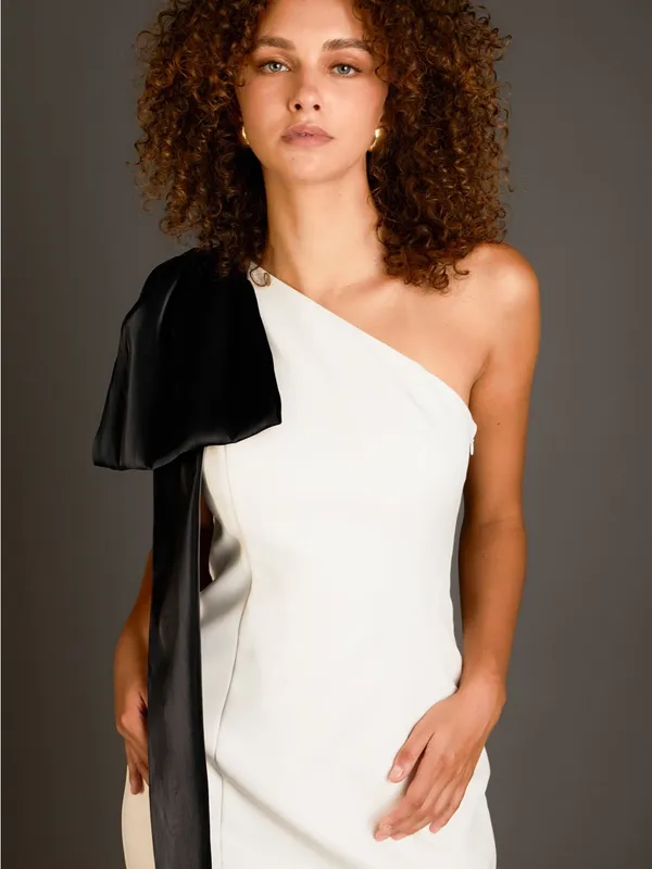 NWT Endless Rose One Shoulder Bow Tie Mini Dress Black/White M - Image 5