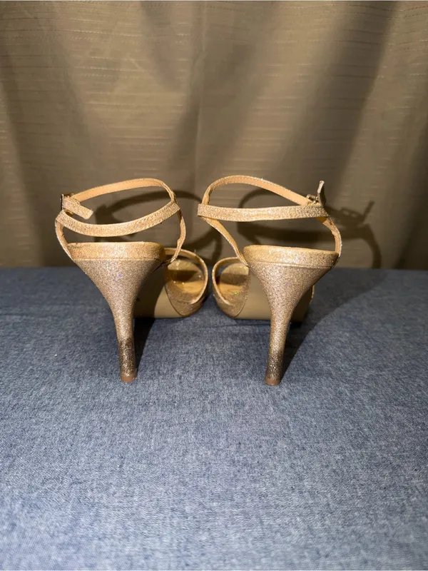 Badgley Mischka American Glamour Gold Glitter High Heel Sandals with Ankle Strap - Image 6