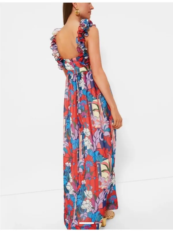 Tuckernuck Red Multi Floral Ruffle V-Neck Maxi Dress - Image 3