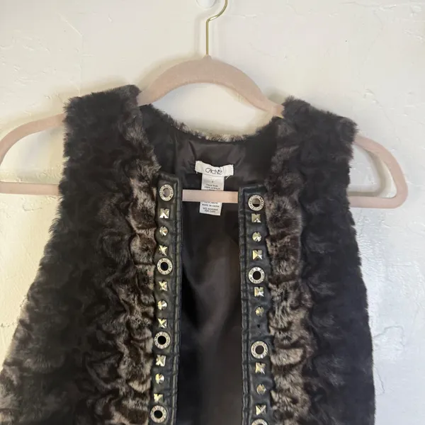Cache Y2k Faux Fur Vest‎ Studded Embellished Black Brown Animal Print S Small - Image 2