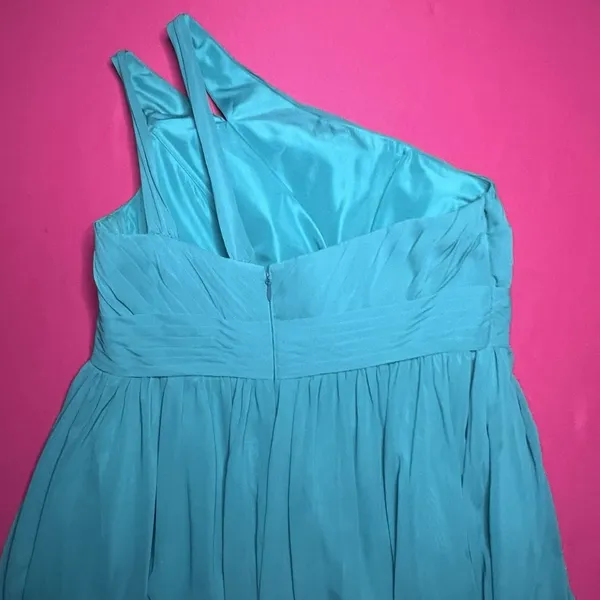 Azazie Turq Blue Chiffon One Shoulder Pleated Formal Bridesmaid Dress Size A18 - Image 2