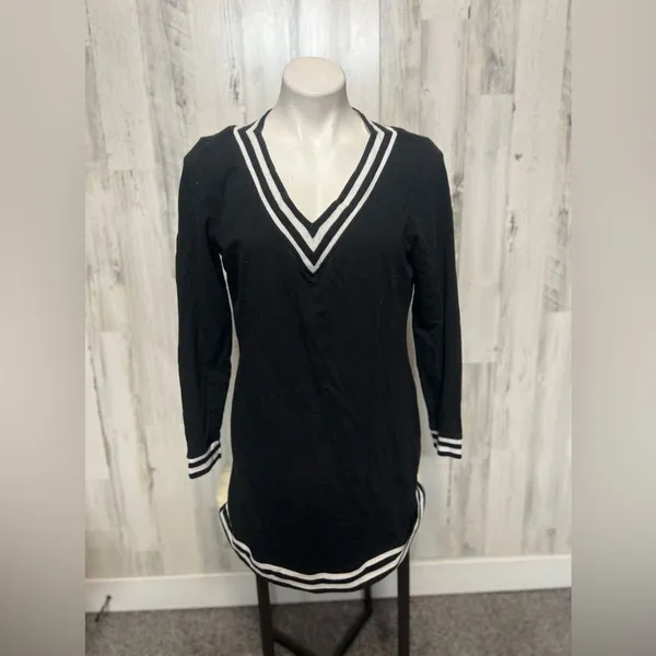 Soho New York & Company street Black Long Sleeve V Neck Stripe Trim Dress Preppy - Image 2
