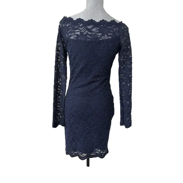 Navy Blue Floral Lace Body Con Long Sleeve Dress Y2K Club M Off Shoulder USA - Image 2