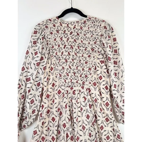 ZARA Mini Dress Beige Floral Puff Sleeve V Neck Lace Up Ruffle A Line Boho XS - Image 11