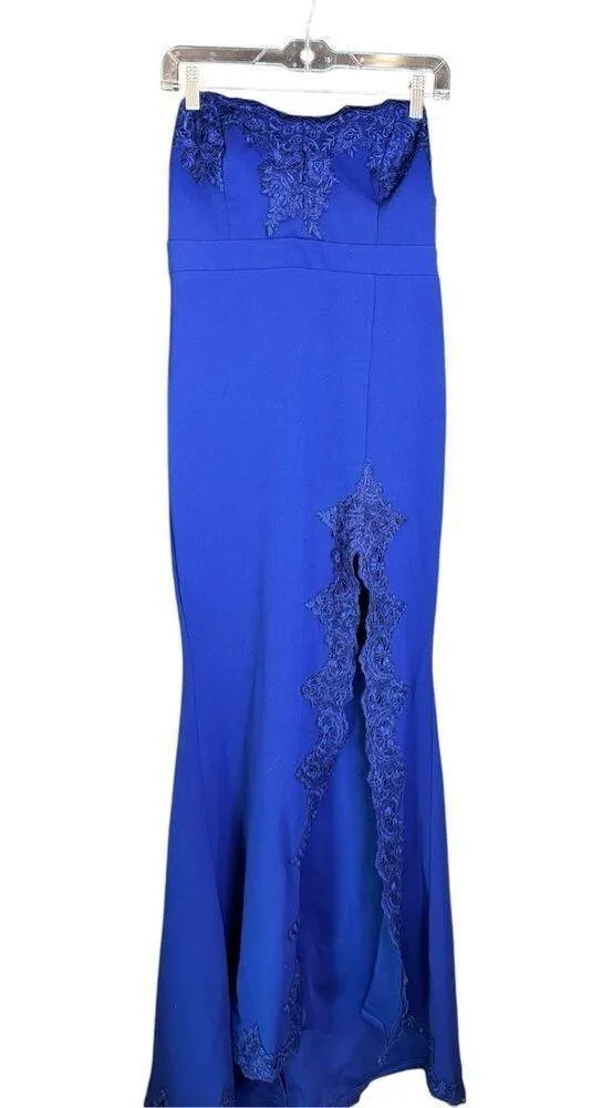 Twyla Royal Blue Embroidered Strapless Maxi Dress gown with slit Sz L - Image 4