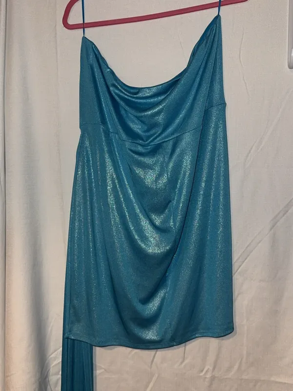 Thirty Thirty Blue Shimmery Cowl Neck Strapless Dress - Image 4
