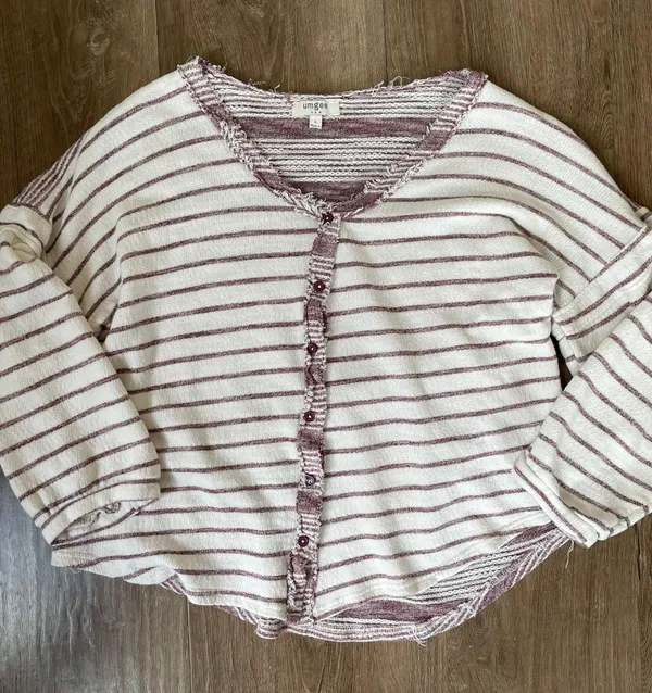 Umgee cardigan sweater maroon striped balloon sleeves short length Women’s sz L - Image 2