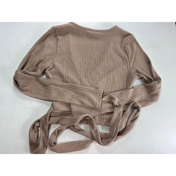 Windsor Wrap Top Ribbed Long Sleeve Tie Front Crop Top Beige Size M - Image 3