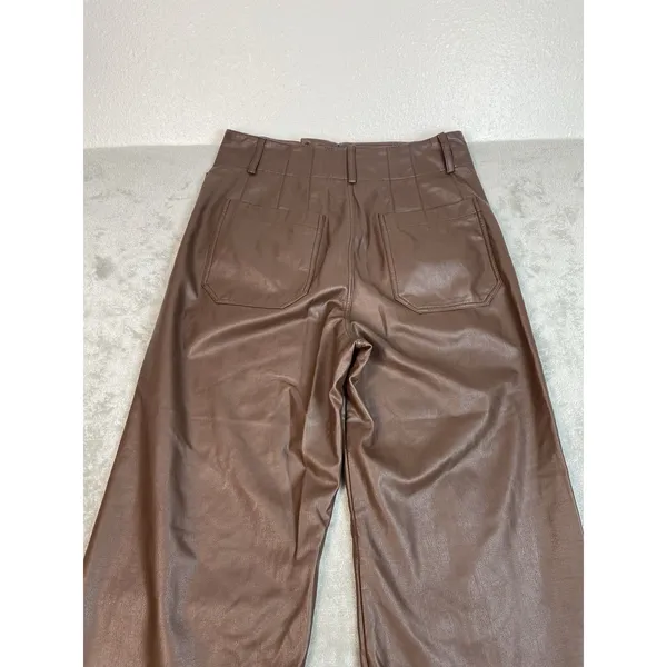 Anthropologie Wide-Leg Pants Brown Faux Leather Stretch Pockets Women's Tall 28T - Image 12
