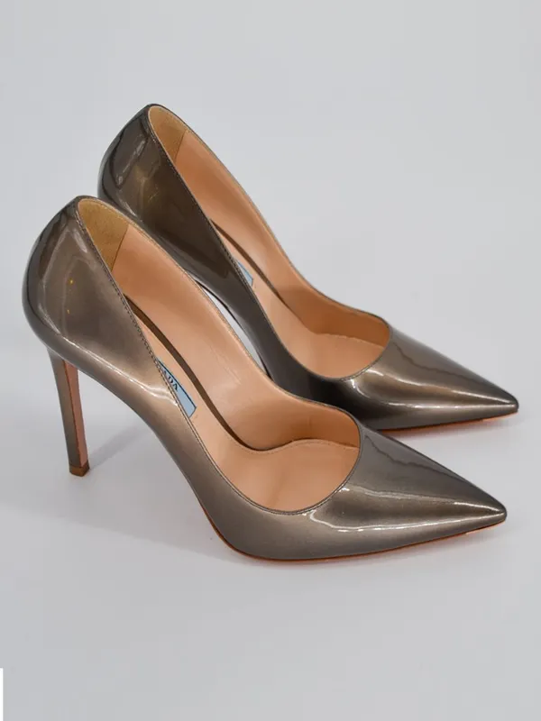 Prada Ombre Patent Leather Pointed Toe Pumps Grey Tan Bronze 37 - Image 3
