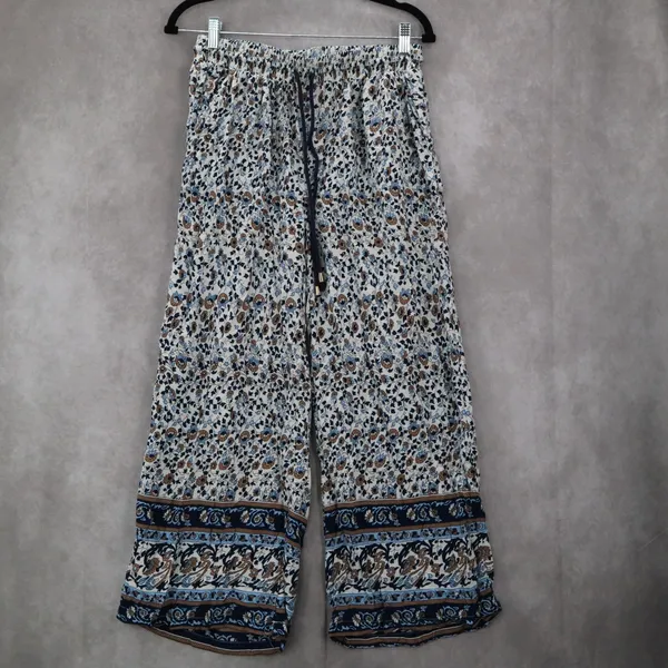 Indero Blue Floral Wide Leg Boho Pull On‎ Straight Leg Trousers Pant L/XL - Image 2