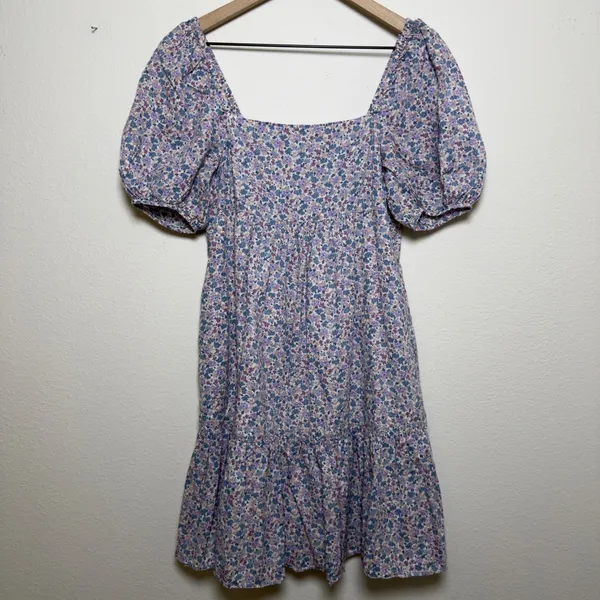 Uniqlo Women Mini Dress XS Ditsy Floral Cottage Tiered Babydoll Purple‎ Wedding - Image 2