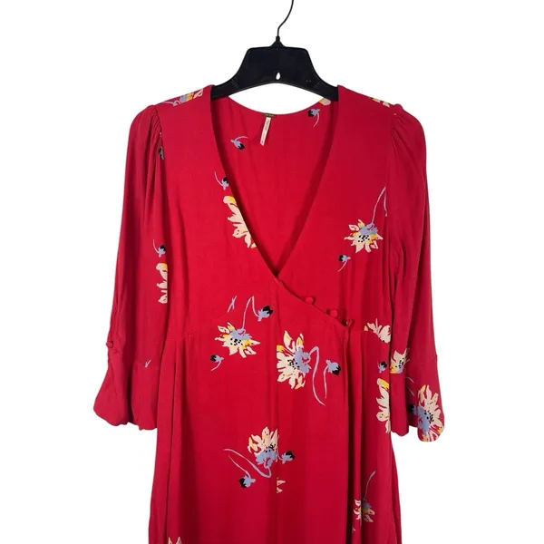Free People Red Floral Wrap Dress Women’s S Bell Sleeve Boho Mini Dress - Image 6
