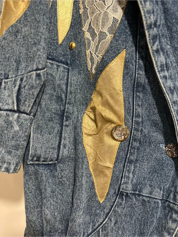 VTG 80s AFSY SzS Loose embellished denim coat gold metallic appliqué lace bead. - Image 9